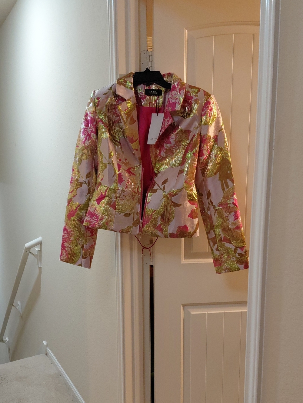 Alex Evenings Pink and Gold And Lime Green Floral Metallic Blazer